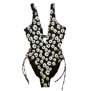 Black One-Piece Swimsuit‎ with White Floral Design Size 10